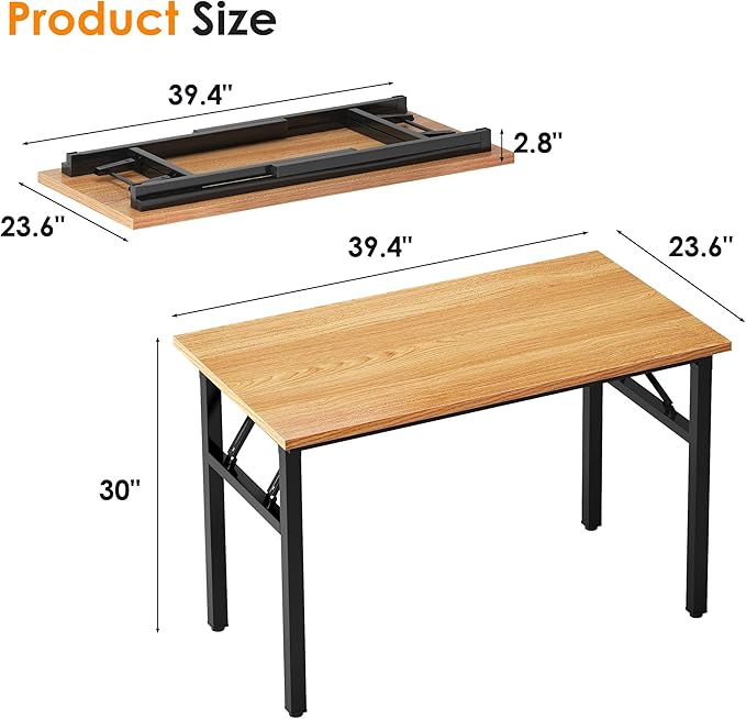 SDHYL 39 inchesNo Assembly Foldable Computer Desk for Home Office Workstation, Study and Writing, Teak Board and Black Leg