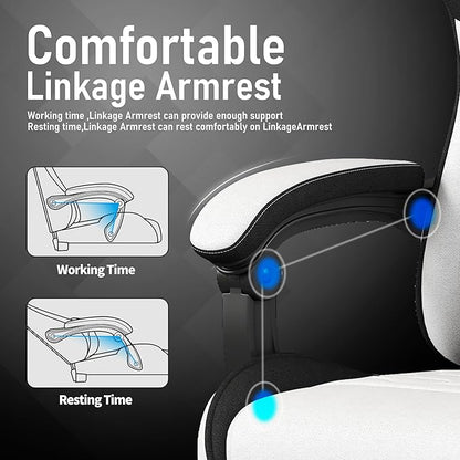 Gaming Chair, Computer Chairs for Adults with Lumbar Support and Massager, Comfortable Gamer Chair with Footrest & Pocket Spring Cushion, Ergonomic Home Office Chair, White, Fabric