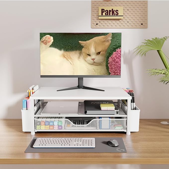 OPNICE Desk Organizers and Accessories, 2-Tier Computer Monitor Stand Riser with Drawer and 2 Pen Holders, Laptop Stand, Office Desk Accessories for Office Supplies, White Wood