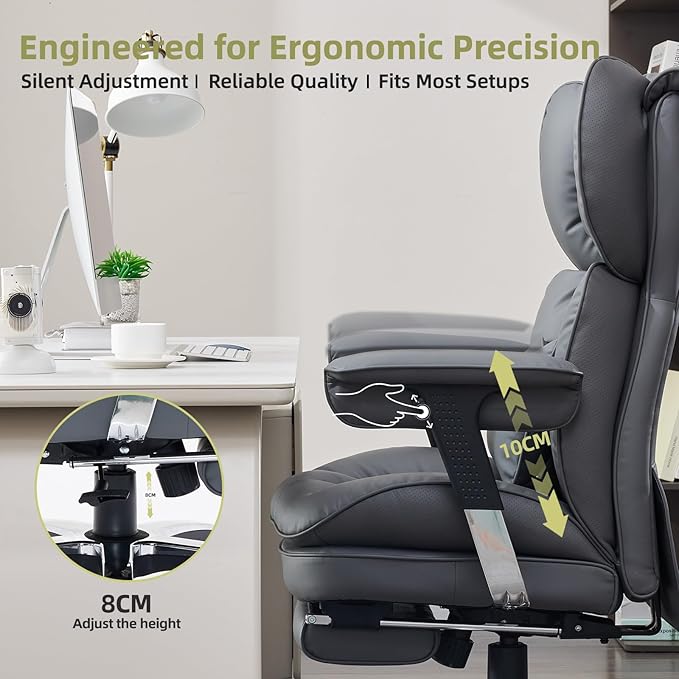 Efomao Big and Tall Office Chair with Footrest – High Back Computer Chair with Adjustable Armrests，Executive Office Chair with Wide Seat, Modern Desk Chair for Home Office, Gaming, or Study, Grey