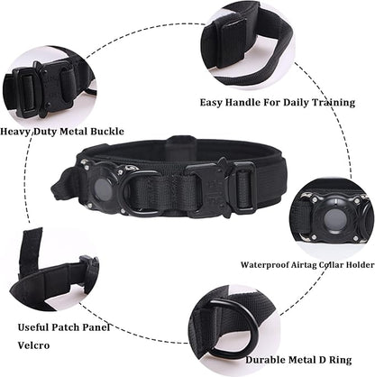 Xqpetlihai Upgraded AirTag Dog Collar Waterproof Tactical Dog Collar with AirTag Holder Heavy Duty Dog Collars for Large Dogs (Black，XL