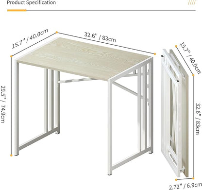 32 inch Small Folding Desk, Writing Gaming Computer Camping Desk for Small Spaces, No Assembly Required Home Office Desk, Natural and White