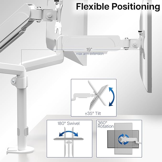 VIVO 17 to 32 inch Dual Pneumatic Monitor Mount, 2 Pneumatic Arms, Adjustable Swivel, Rotation, Heavy Duty VESA Desk Stand with C-clamp, Grommet, Max VESA 100x100, White, STAND-V002KW