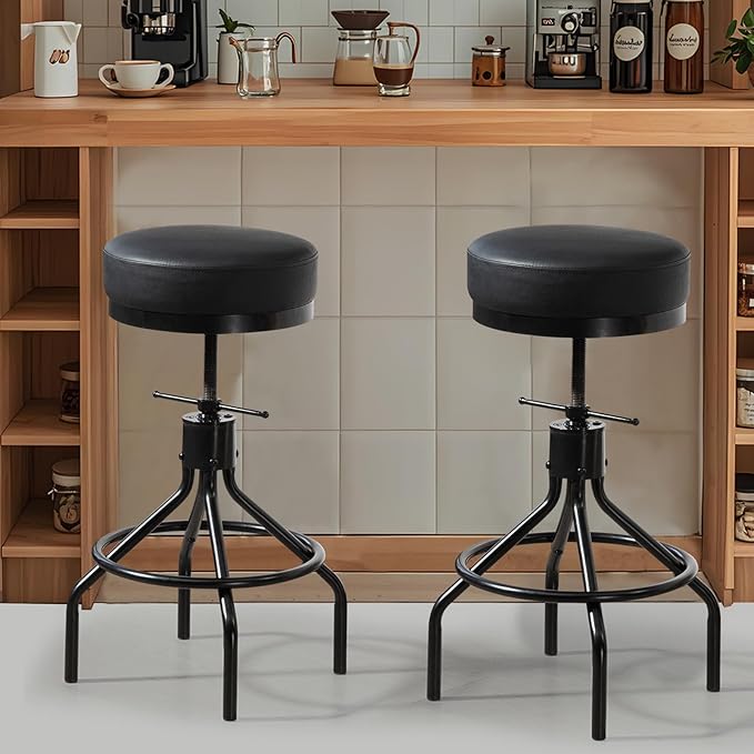 Counter Height Bar Stools Set of 2 Adjustable Swivel Barstools Modern PU Leather 28inch Round Backless Metal Industrial Stool Bar Chair for Kitchen Island (2, Black)