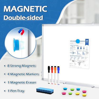 DOLLAR BOSS Dry Erase Whiteboard, 30 x 20 Inch Double-Sided Magnetic White Board for Wall Silver Aluminum Frame for Office School Home with 8 Magnets 4 Markers 1 Eraser 1 Detachable Pen Tray