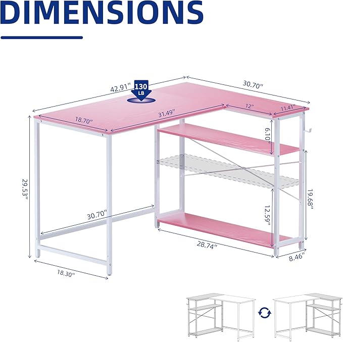 Pamray 43 Inch L Shaped Computer Desk with Reversible Side Storage Shelves, Small Corner Desk for Small Space Home Office,Writing Study Table PC Desk for Bedroom,Pink with White Leg