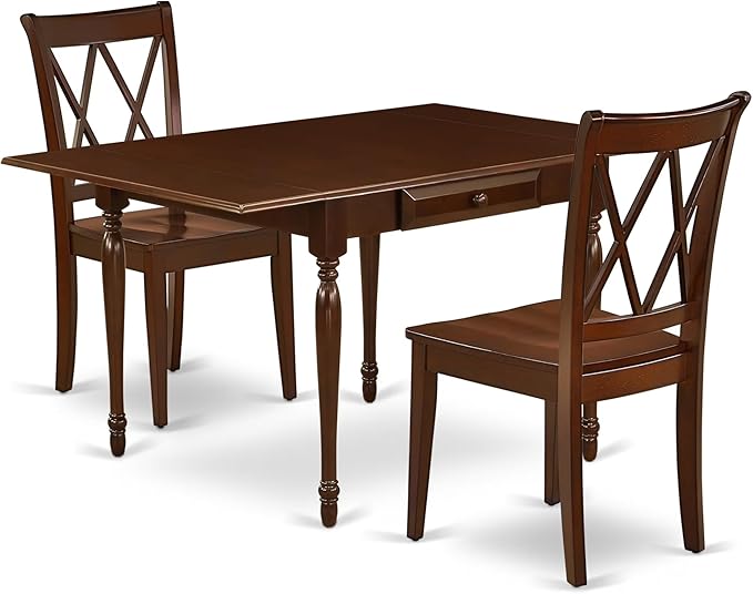 East West Furniture MZCL3-MAH-W 3 Piece Kitchen Table Set for Small Spaces Contains a Rectangle Dining Room Table with Dropleaf and 2 Solid Wood Seat Chairs, 36x54 Inch, Mahogany