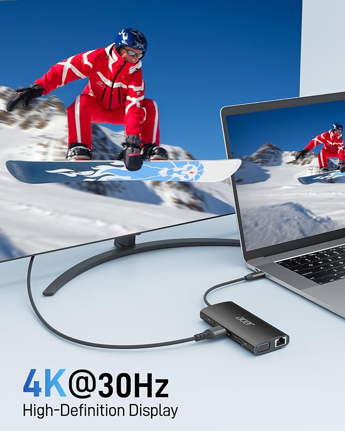Acer USB C Hub with 4K HDMI, 9-in-1 USB C to Ethernet Adapter, 5Gbps USBA 3.0 Docking Station, VGA Splitter, SD Card Reader, PD 100W Charging for MacBook, Acer, Laptops, Surface and More (Black)