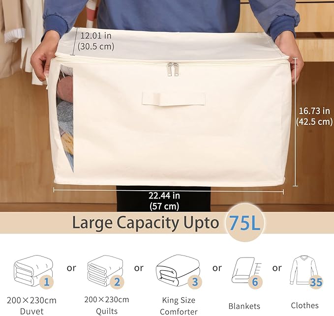Canvas Comforters Bags Closet Organizers and Storage for Quilts Clothes Organization Containers Bins with Sturdy Zipper, Clear Window 75L for Sweaters Blankets Storage Bedroom Collapsible