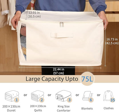 Canvas Comforters Bags Closet Organizers and Storage for Quilts Clothes Organization Containers Bins with Sturdy Zipper, Clear Window 75L for Sweaters Blankets Storage Bedroom Collapsible