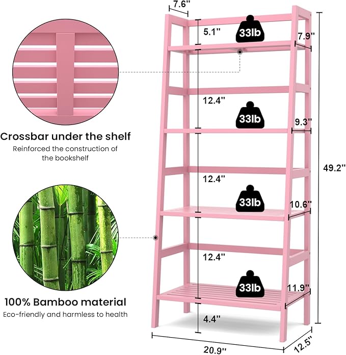 Homykic Bamboo Ladder Bookshelf, 4-Tier Ladder Shelf Open Book Shelf Freestanding Bookcase Bathroom Storage Rack Plant Stand for Living Room, Bedroom, Office, Easy Assembly, Pink