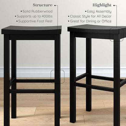Grain & Grove Smith Collection Set of 2 Solid Wood Bar Stools, 30 inch Saddle-Seat Bar Chairs, Backless, Heavy-Duty Construction, Footrest Support, for Kitchen Islands, Home Bars, and Counters, Black