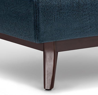 SIMPLIHOME Owen Coffee Table Storage Ottoman - 34 inch Wide Upholstered Vegan Leather Rectangular Lift-Top Ottoman in Distressed Dark Blue, Mid-Century Modern Bench for Living Room with Tapered Legs