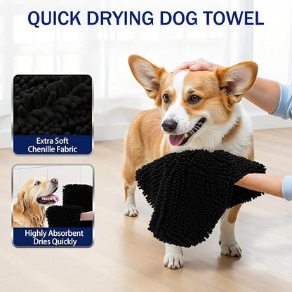 OLANLY Chenille Dog Bath Towel 31x13, Ultra Absorbent Quick Dry Pet Towel, Extra Soft Washable Plush Towel for Large Dogs & Puppies, Indoor Outdoor Use, Black