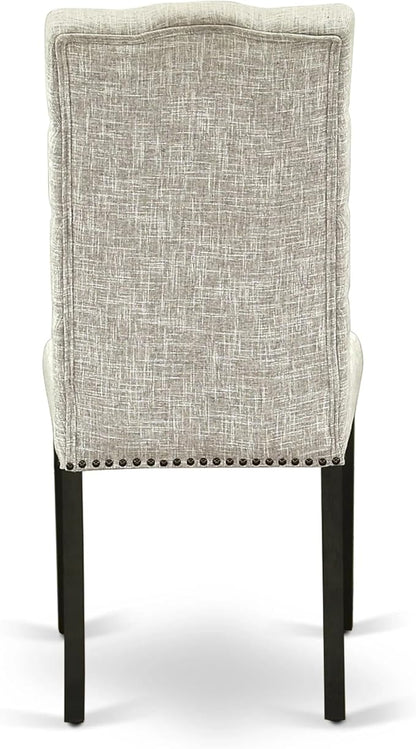 X07EL-B06-35 - 9-piece Dining Room Table Set a Rectangular Kitchen Table with a wooden Bench and 7 Doeskin Linen Fabric Dining Chair, 39x120 Inch, Wire Brushed Black