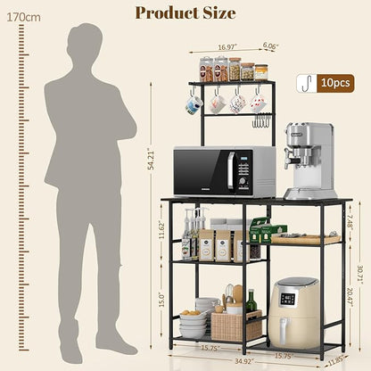 Baker's Rack for Kitchen with Storage, Microwave Stand with Adjustable Shelves, Kitchen Stand with 10 S Hooks, 6-Tier Coffee Bar Station, Kitchen Shelves for Spices, Pots, Gray