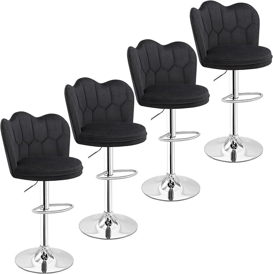 VECELO Bar Stools Set of 4, Adjustable Barstools with Back, Velvet Armless Counter Height Stool Kitchen Island Stool Swivel Bar Chairs for Pub Dining Room Living Room, Black