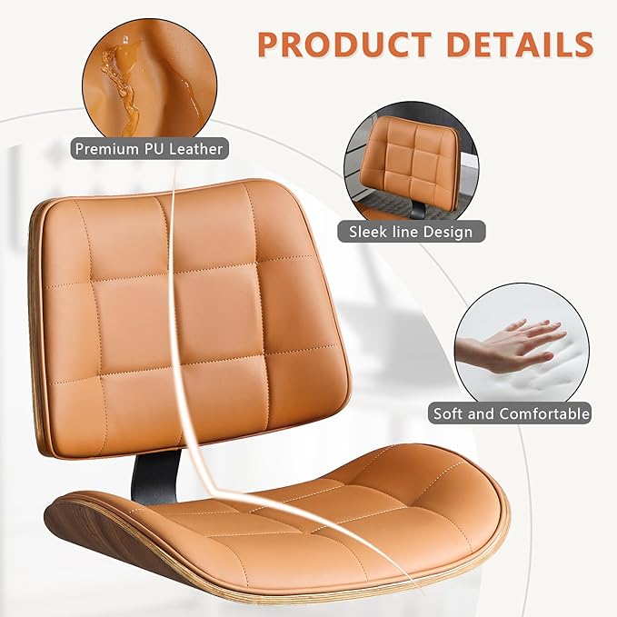 Home Office Desk Chair with Wheels, Adjustable Height Armless Office Chair, PU Leather Mid Back 360° Small Computer Chair, Modern Walnut Chair No Arms for Office, Reading Meeting Room(Brown)