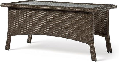 Tribesigns Outdoor Wicker Coffee Table with Hammered Glass Top, Hand PE Rattan Wicker Patio Furniture Set, All-Weather Rectangular Patio Table for Deck, Backyard, Porch, Poolside