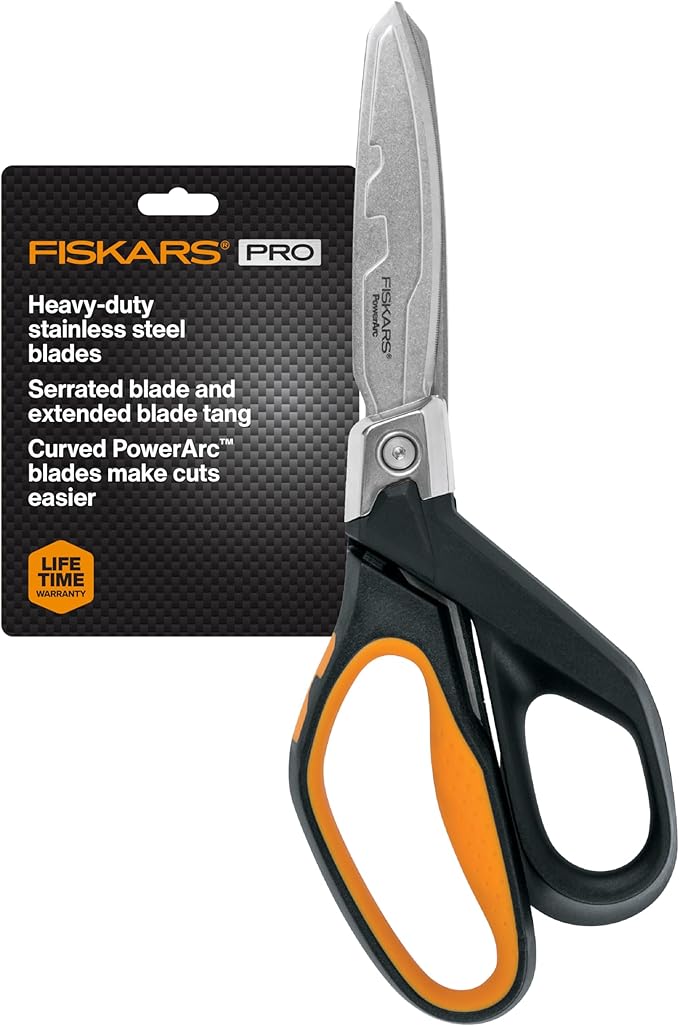 Fiskars PowerArc 8" Shop Shears, Heavy Duty Serrated Stainless Steel Scissors with Comfort Grip, Hardware Tool for Construction, Cut Materials like Insulation, Duct Tape, Cardboard, Rope and Tyvek