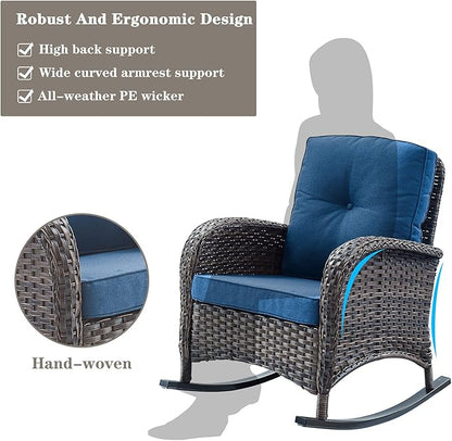 Belord 6 Pieces Outdoor Patio Furniture Set with Wicker Rocking Chairs, Rattan Patio Conversation Set with Glider Loveseat Ottomans and Side Table Brown/Blue