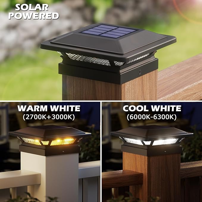 SIEDiNLAR 4x4 Solar Post Cap Lights 16 LEDs 2 Modes 3.5x3.5 4x4 Wooden Vinyl Post Light Waterproof Outdoor for Fence Deck Patio Garden Decor, Warm/Cool White (1 Pack, Black)