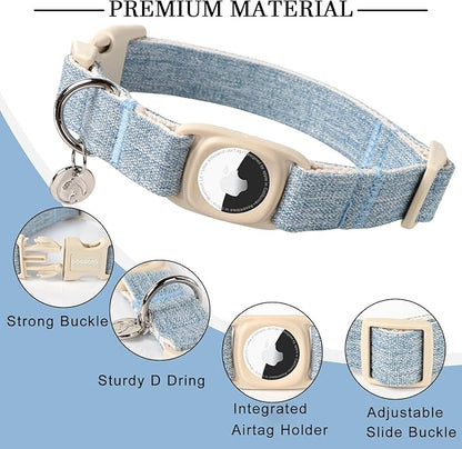 DOGWONG Airtag Cotton Hemp Dog Collar, Heavy-Duty Dog Collar with Airtag Holder Blue Natural Fabric Pet Collars for Small Medium Large Dogs