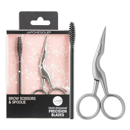 JAPONESQUE Brow Scissors and Spoolie, Stainless Steel Scissors for Brow Grooming and Trimming, Brush Tool for Brow Shaping
