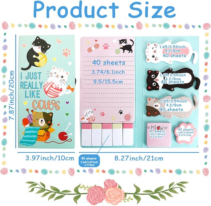 QPIXVB Cute Sticky Notes,440 Sheets Cat Sticky Notes,Cat Gifts for Women,School Supplies,Cartoon Animal Cats Self-Stick Note Pads,Cats Lover Christmas Gifts,Note Pads Set for Students Office Supplies