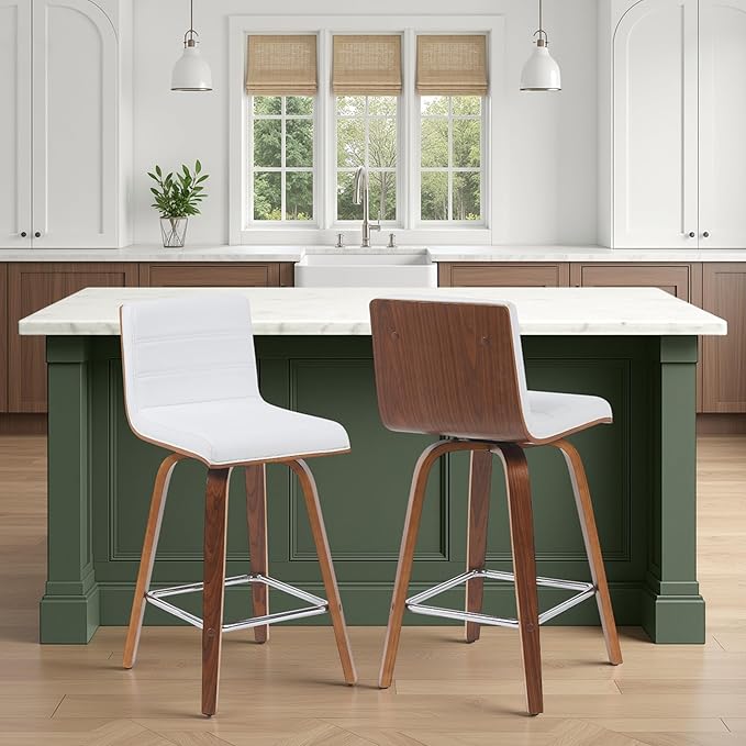 Armen Living Vienna Modern Swivel 26" Counter Height Barstool with White Faux Leather and Walnut Wood Finish