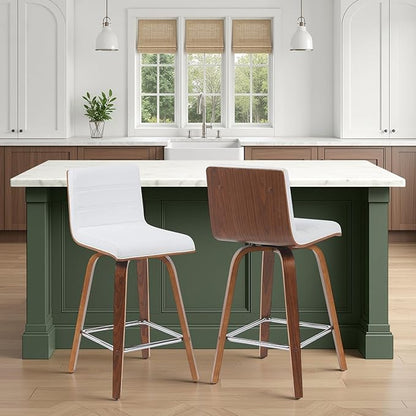 Armen Living Vienna Modern Swivel 26" Counter Height Barstool with White Faux Leather and Walnut Wood Finish