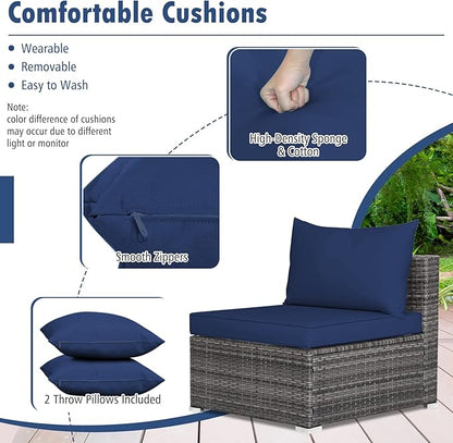Tangkula 7 Piece Patio Wicker Furniture Set, Outdoor Rattan Sectional Sofa Set for 6 with Seat & Back Cushions, 2 Throw Pillows, Sofa Fastener Clips, for Backyard, Poolside, Deck and Garden (Navy)
