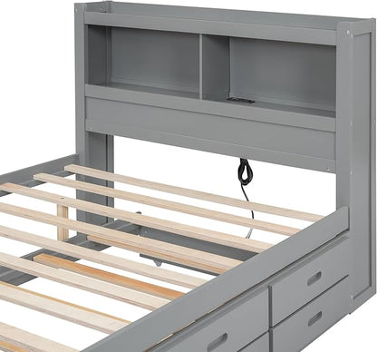 Full Size Pine Wood Platform Bed with Trundle,Drawers,2 Ports and 2 USB Plugs,Storage Bed with Pull Out Shelves,No Box Spring Needed,Perfect for Adults,Teens Bedroom Furniture,Gray