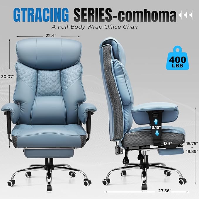 GTRACING Big and Tall Office Chair 400LBS Wide Ergonomic Gaming Chair with Deluxe Embossing Designed Leather with Foot Rest,150°Reclining Adjustable Soft Armrests Pocket Spring Back Support and Pillow