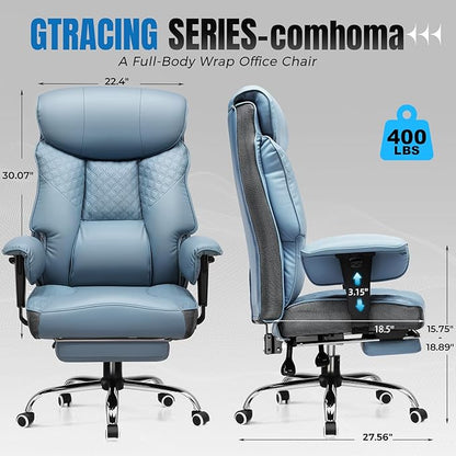 GTRACING Big and Tall Office Chair 400LBS Wide Ergonomic Gaming Chair with Deluxe Embossing Designed Leather with Foot Rest,150°Reclining Adjustable Soft Armrests Pocket Spring Back Support and Pillow