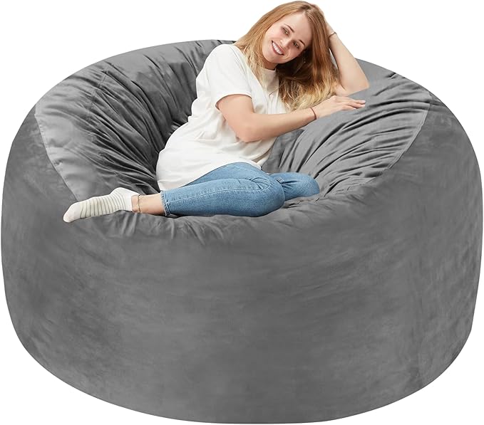 Homguava 4 FT Bean Bag Chair: 4' Bean Bags with Memory Foam Filled, Large Beanbag Chairs Soft Sofa with Dutch Velvet Cover-Grey