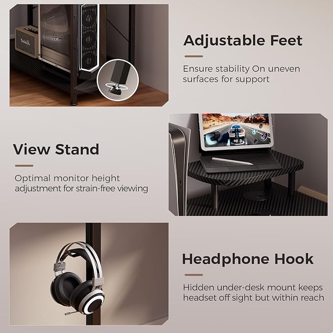 GTPLAYER L Shaped Gaming Desk, Carbon Fiber Style Computer Desk with Monitor Shelf and Hook, Black Small L Shape Desk with Adjustable Open Storage Shelf, Corner PC Table for Small Space Home Office