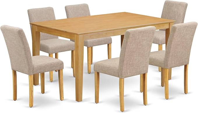 East West Furniture CAAB7-OAK-04 7 Piece Modern Dining Table Set Consist of a Rectangle Wooden Table and 6 Light Tan Linen Fabric Upholstered Chairs, 36x60 Inch, Oak