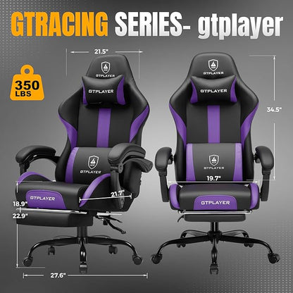 GTRACING Gaming Chair with Foot Rest & Pocket Spring Cushion, Ergonomic High Back Computer Chair with Headrest & 360°-Swivel Seat for Home Office Desk, PU Leather, Purple