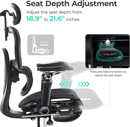 Ergonomic Office Chair with 9D Arms,Adjustable Seat Depth,3D Lumbar Support,135° Recline,3D Headrest & Footrest,Mesh Computer Desk Chair - Ultimate Comfort for Home & Executive Office Black
