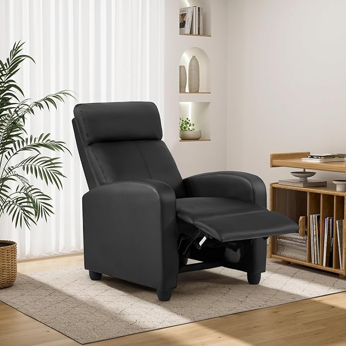 BestMassage | Recliner Chair | No Massage Function | Leather Black | with Lumbar Support, Adjustable Push Back, Wide Armrests, Footrest & Padded Seat | Easy Assembly | for Living Room, Home Theatre