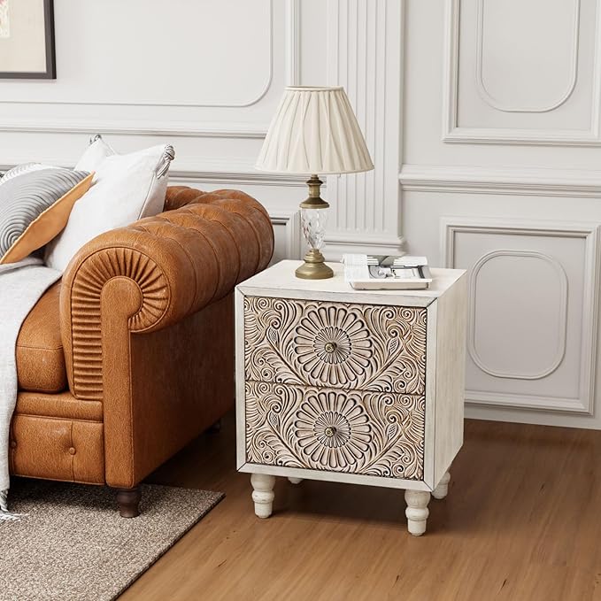 COSIEST Nightstand, 14" D x 18" W x 21.5" H MDF End Table with 2 Drawers, Vintage Style Wood Bedside Table, Bedroom Accessories for Home, Office, College Dorm