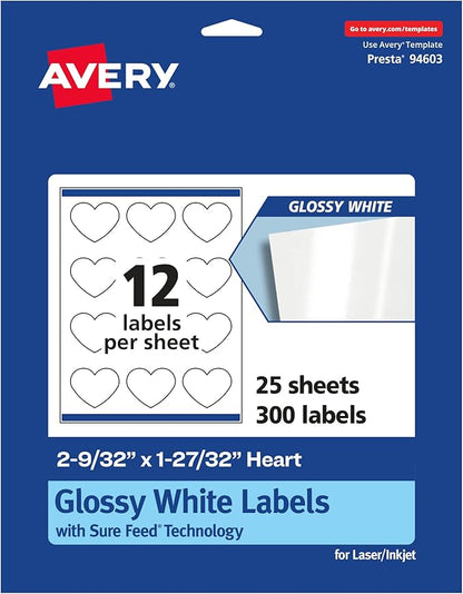 Avery Glossy White Heart Labels, Sure Feed Technology, 2-9/32" x 1-27/32", 300 Glossy White Labels, Print-to-The-Edge, Permanent Adhesive, Laser/Inkjet Printable