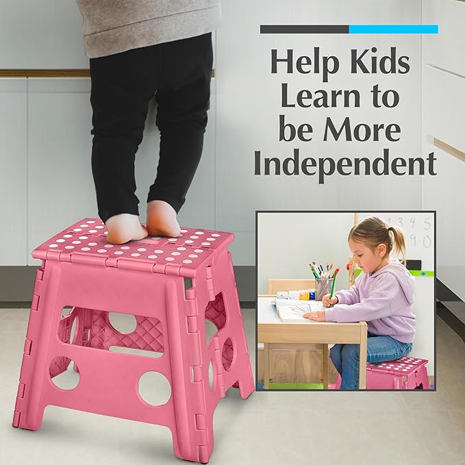 Handy Laundry Folding Lightweight Step Stool - Sturdy Enough to Support Adults and Safe Enough for Kids - Opens Easy with One Flip - Great for Kitchen, Bathroom or Bedroom (Pink - 13 inch)