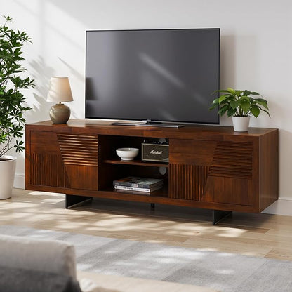 Bme Trapeze TV Stand for Living Room – Wooden Media Console with Storage, Metal Legs, Large Walnut TV Stand for Stylish Home Entertainment Setup