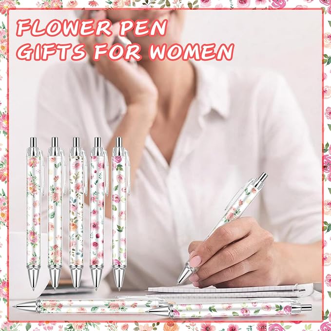 30 PCS Pink Floral Pens Flower Ballpoint Pens 0.5 mm Rollerball Tip Cute Fashionable Retractable Ballpoint Pen for Office Supplies Black Ink, Medium Point (Pink Flower, 30)
