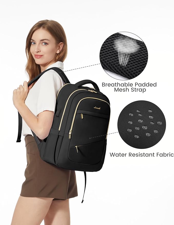 LOVEVOOK Laptop Backpack for Women, Black Business Travel Backpacks with USB Port, Water Resistant Work Teacher Computer Bag, Stylish Daypack, Fits 15.6" Laptop