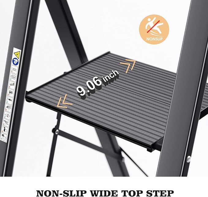 KINGRACK Aluminium 5 Step Ladder, Lightweight Step Stool with Non-Slip Pedals, Handrail, Folding Step Ladder for Kitchen, Garage, Home, Space Saving, Sturdy and Portable, Black