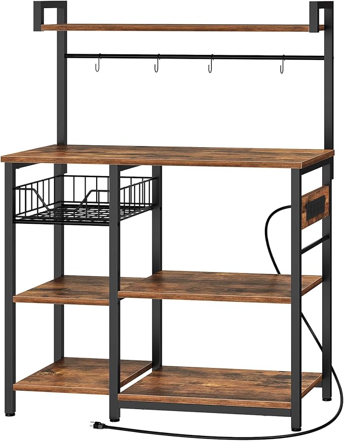 HOOBRO Bakers Rack with Power Outlet, 35.4 Inches Coffee Bar with Mesh Basket, Microwave Stand with 4 S-Shaped Hooks, Kitchen Bakers Rack with Storage, Easy to Assemble, Rustic Brown BF05HB01