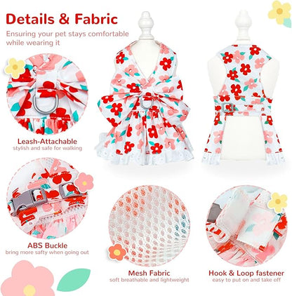 Cute Floral Dog Harness Dress and Leash Set for Small Dogs Cats Girl Puppy Bowknot Princess Birthday Dress Summer Female Pet Small Dog Clothes Lace Doggie Kitten Outfits Apparel(Red,XS)